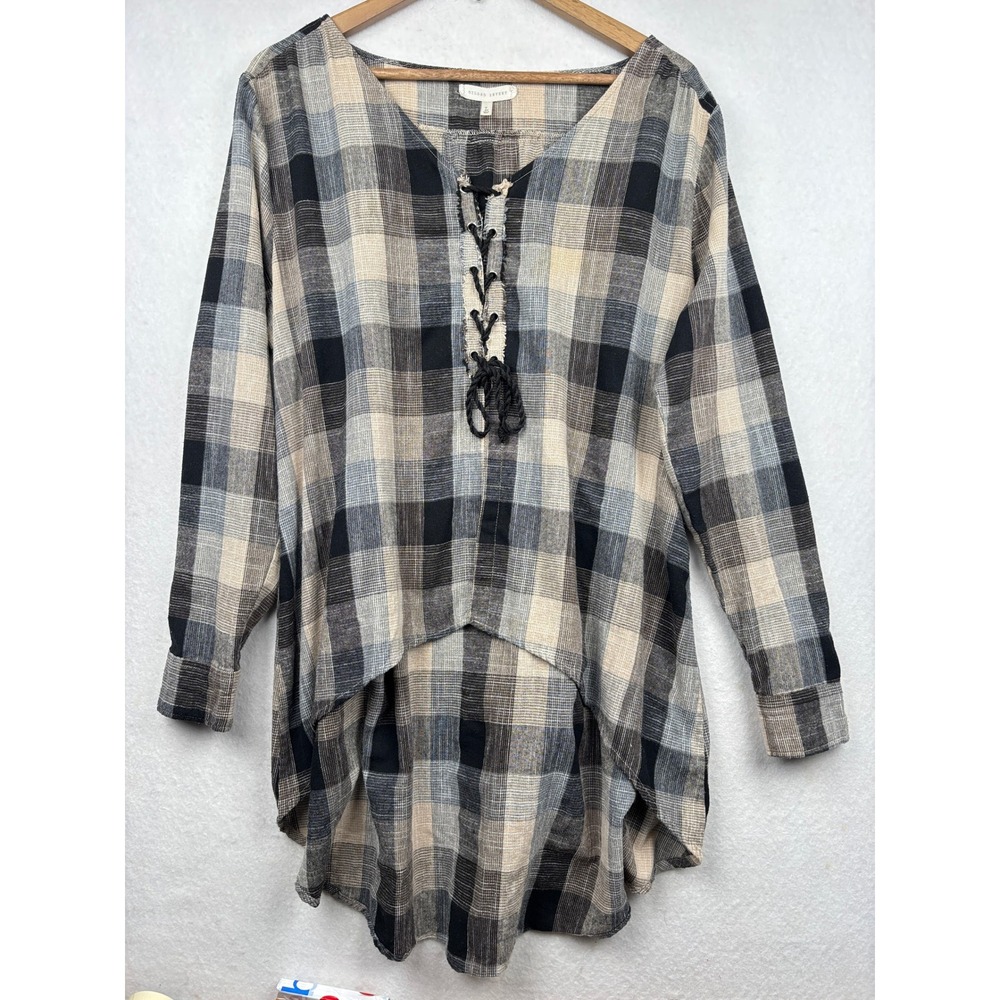 Gilded Intent Plaid Tunic Womens L‎ Lace Up High Low Hem Boho Grunge